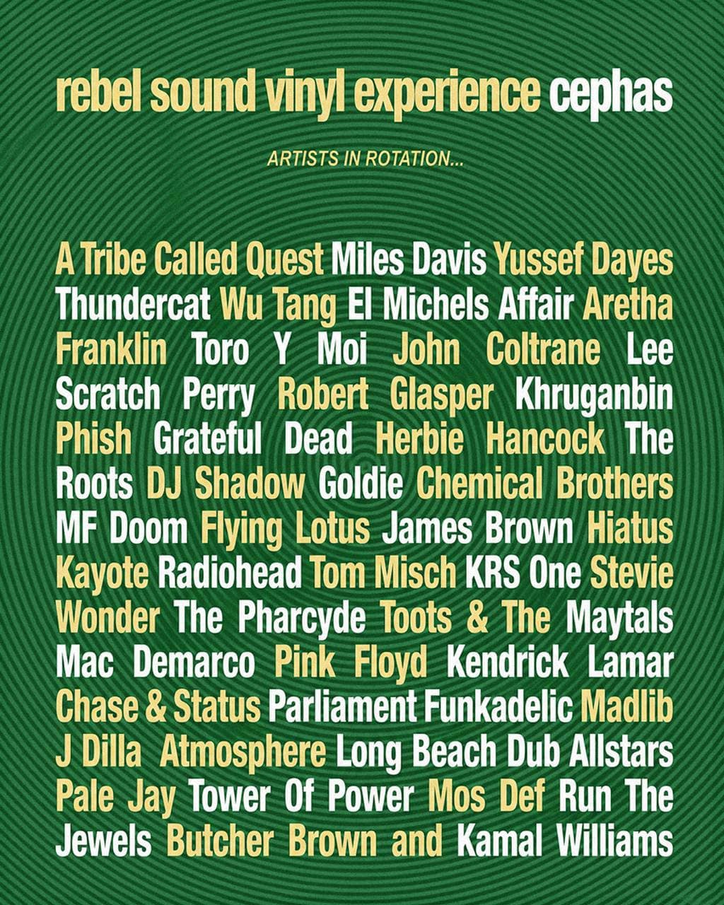 Rebel Sound Vinyl Experience flyer listing artists in rotation, including A Tribe Called Quest, Miles Davis, John Coltrane, MF Doom and J Dilla