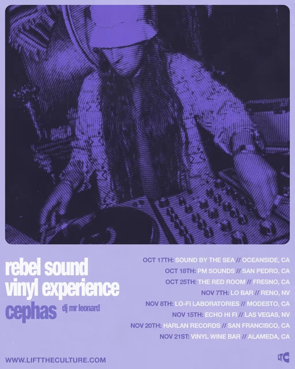 Rebel Sound Vinyl Experience fall tour flyer for Cephas and DJ Mr. Leonard, with dates from October 17 to November 21 in California and Nevada
