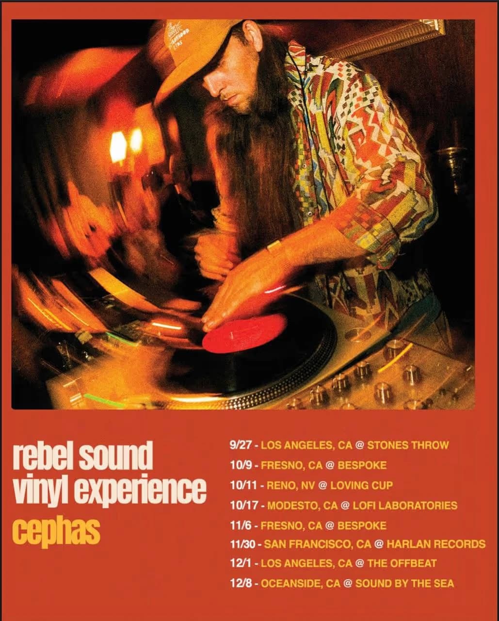 Rebel Sound Vinyl Experience flyer with Cephas at the turntables and fall dates from Los Angeles to Oceanside, CA