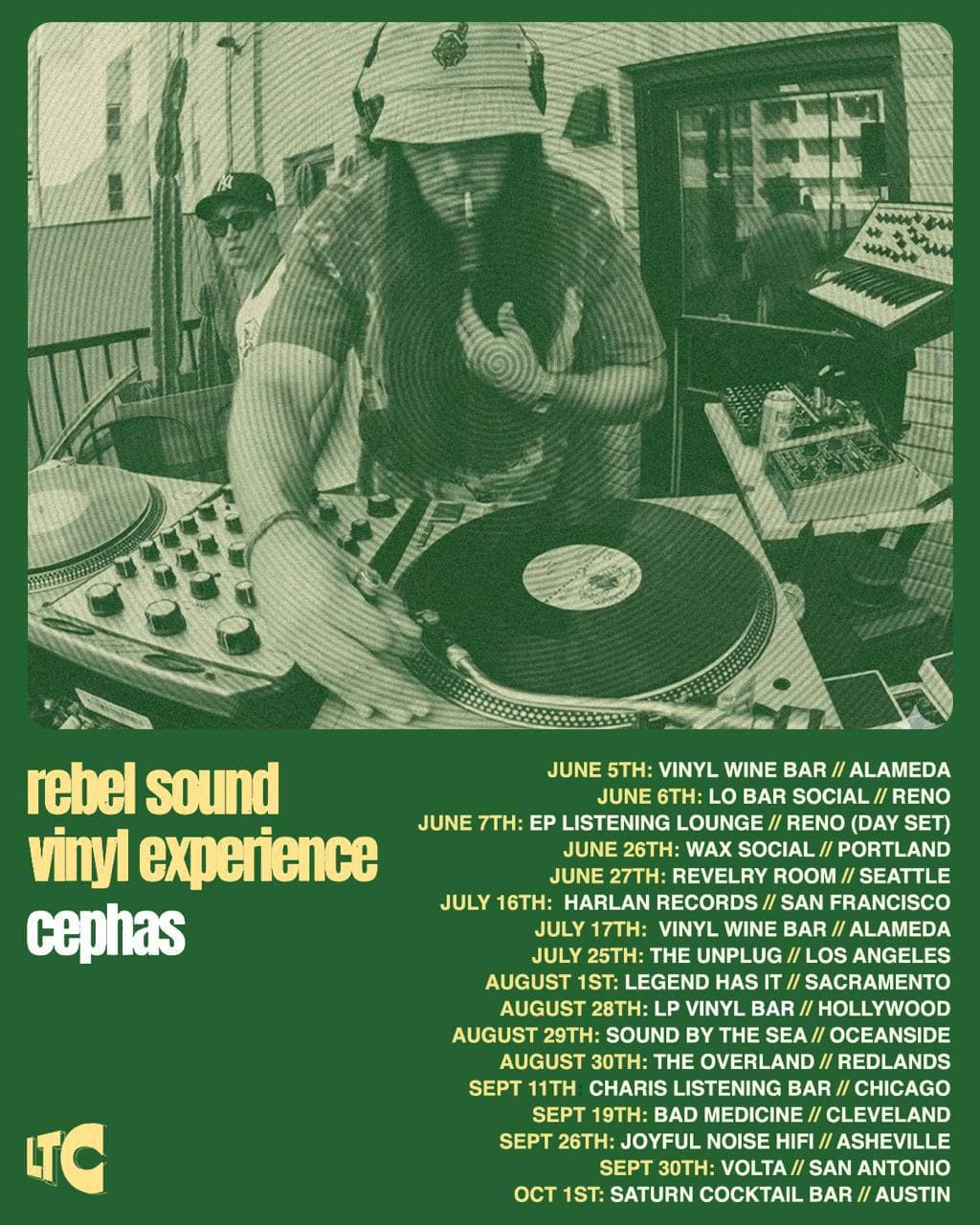 Rebel Sound Vinyl Experience Summer/Fall 2026 tour flyer: Cephas DJing on turntables, with dates from June 5 in Alameda to October 1 in Austin